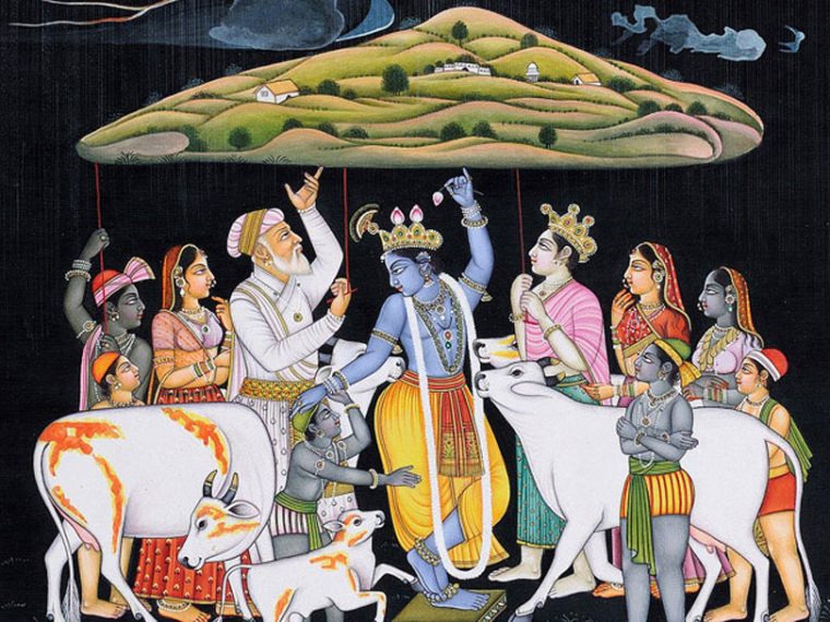 Kṛṣṇa levanta la colina de Govardhana.